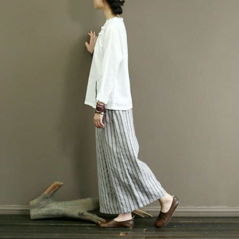 文藝棉麻鬆緊腰直條紋寬褲 6色售
