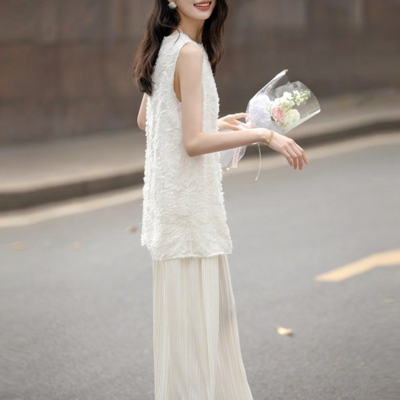 假日風層次拼接無袖洋裝 立體剪花上身 壓褶長裙 長版 氣質顯瘦