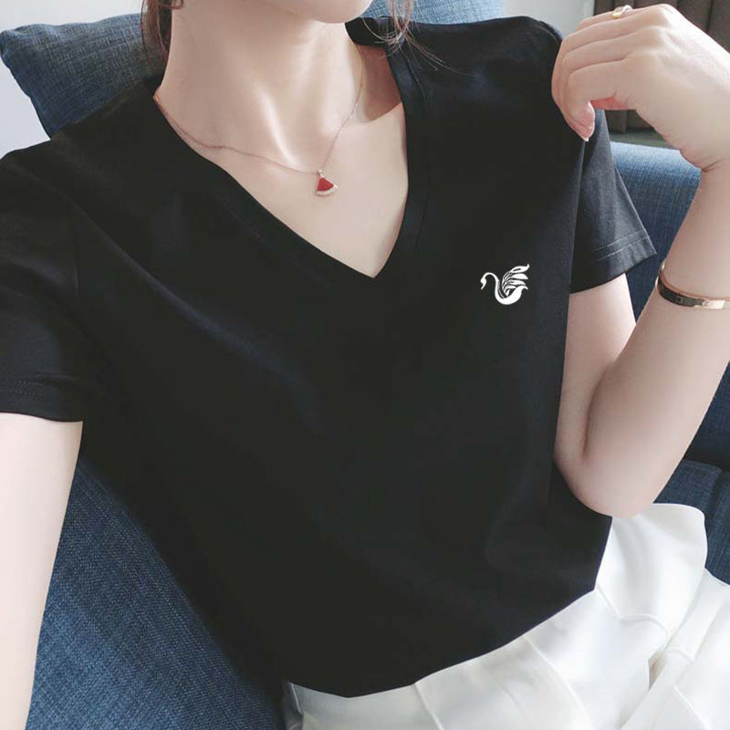 S-4XL/ 棉質 正肩短袖T恤 韓國顯瘦剪裁 V領微甜心機