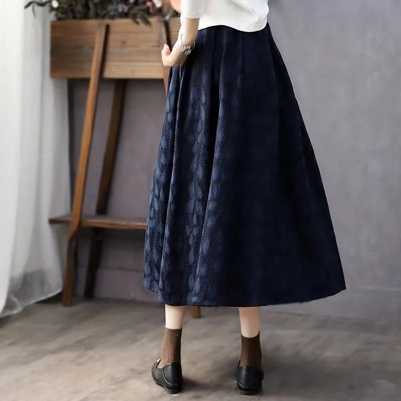 羽毛提花棉質高腰A字中長裙 秋冬文青感 顯瘦顯高