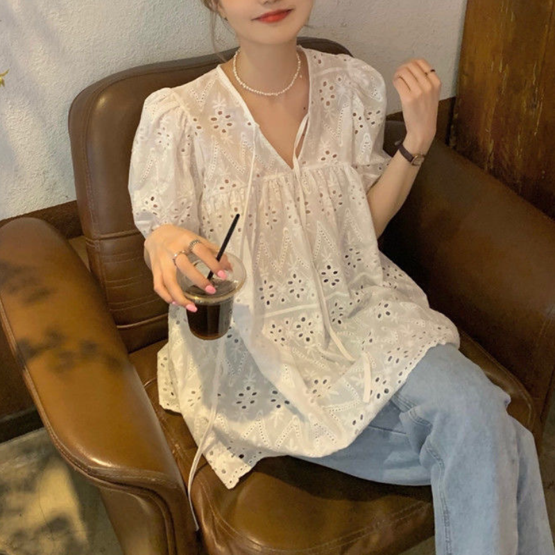 法式氧感蕾絲刺繡上衣 泡泡袖鏤空薄款短袖襯衫