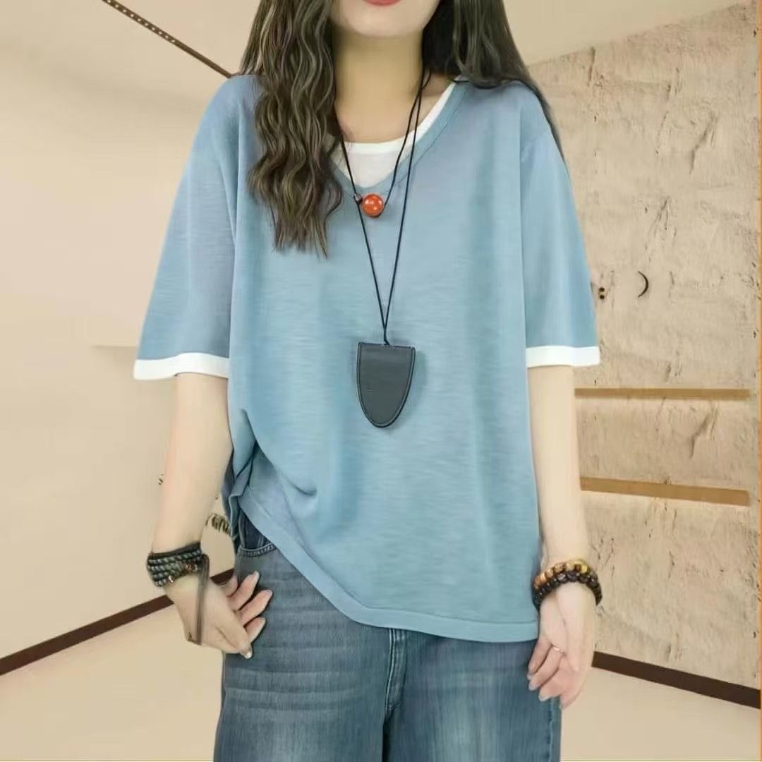 韓版假兩件短袖T恤 遮肉顯瘦休閒上衣・棉花糖女孩寬鬆層次感設計