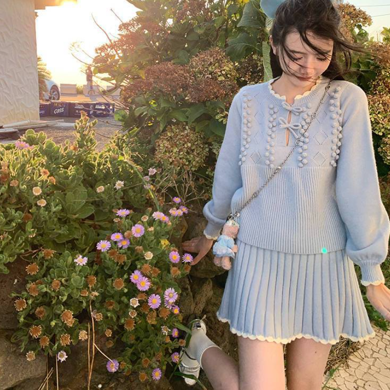 溫柔系針織套裝 蝴蝶結織紋上衣＋百褶裙 兩件式 顯瘦減齡