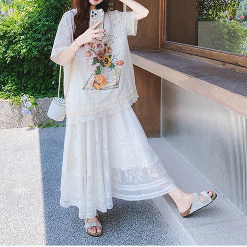 印花蕾絲上衣＋長裙套裝 刺繡細節 氣質優雅兩件式洋裝感穿搭