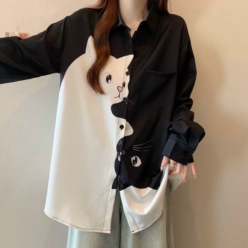 大尺碼貓咪印花襯衫 長袖寬鬆版 顯瘦遮肉（黑/白）