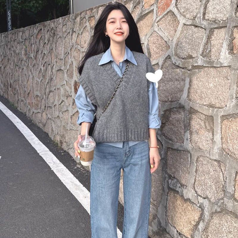 學院風針織背心套裝 灰色V領背心+藍色襯衫 兩件式
