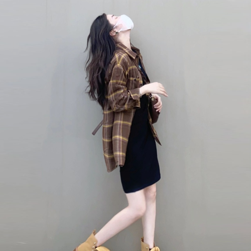 【單品可選】春夏韓版高級感顯瘦溫柔風 格紋襯衫+連身裙套裝