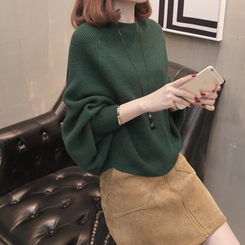 慵懶風蝙蝠袖寬鬆針織上衣 圓領套頭設計 秋冬氣質毛衣