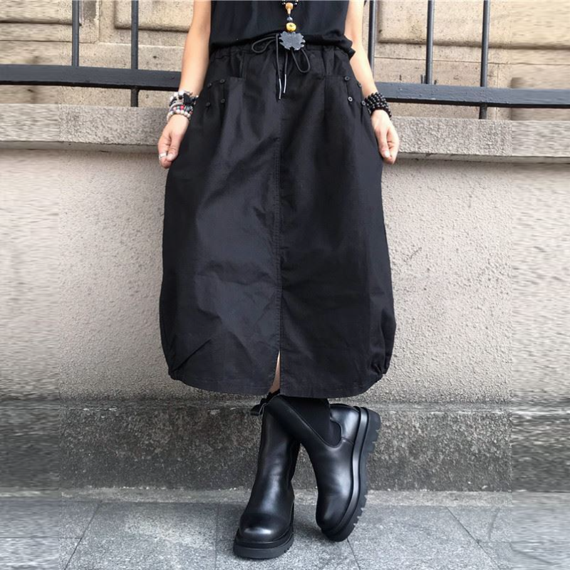 高腰鬆緊燈籠中長裙 春秋百搭 開衩設計 大尺碼友善M-4XL