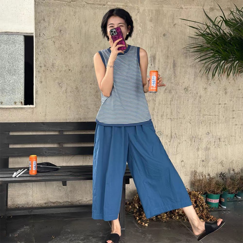 日系條紋無袖背心 圓弧下擺設計 寬鬆休閒上衣