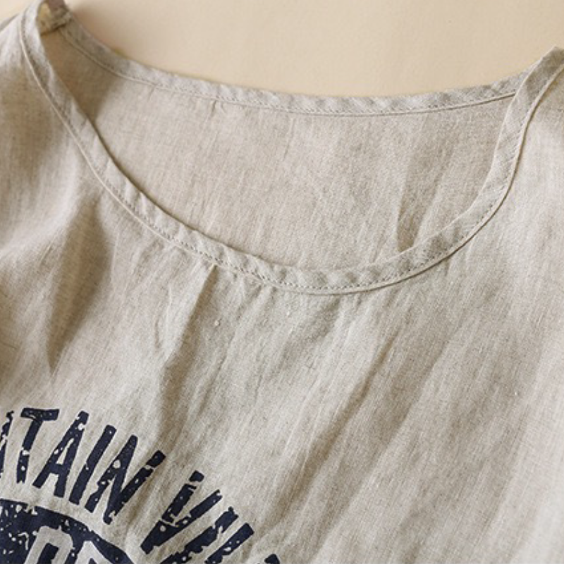 簡約．字母印花圖案上衣  棉麻印花短袖 圓領休閒t恤