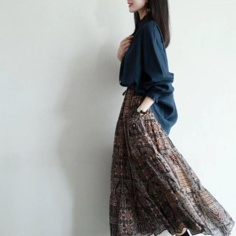 韓系 ‧ 復古文藝風印花半身裙日常通勤大裙擺