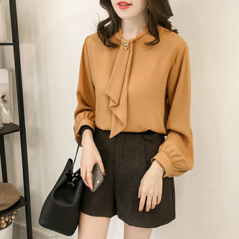 韓版燈籠袖氣質優雅襯衫-秋季通勤純色寬鬆大尺碼長袖上衣