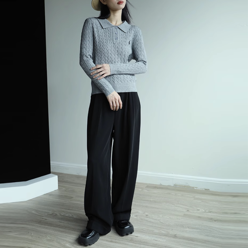 復古灰色翻領刺繡針織衫 通勤麻花毛衣顯瘦上衣