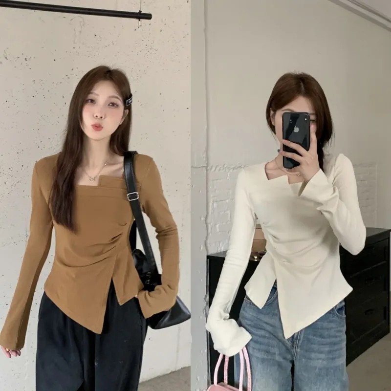 大地色系方領修身上衣（美拉德感）不對稱下襬 開衩＋褶皺 顯瘦內搭長袖