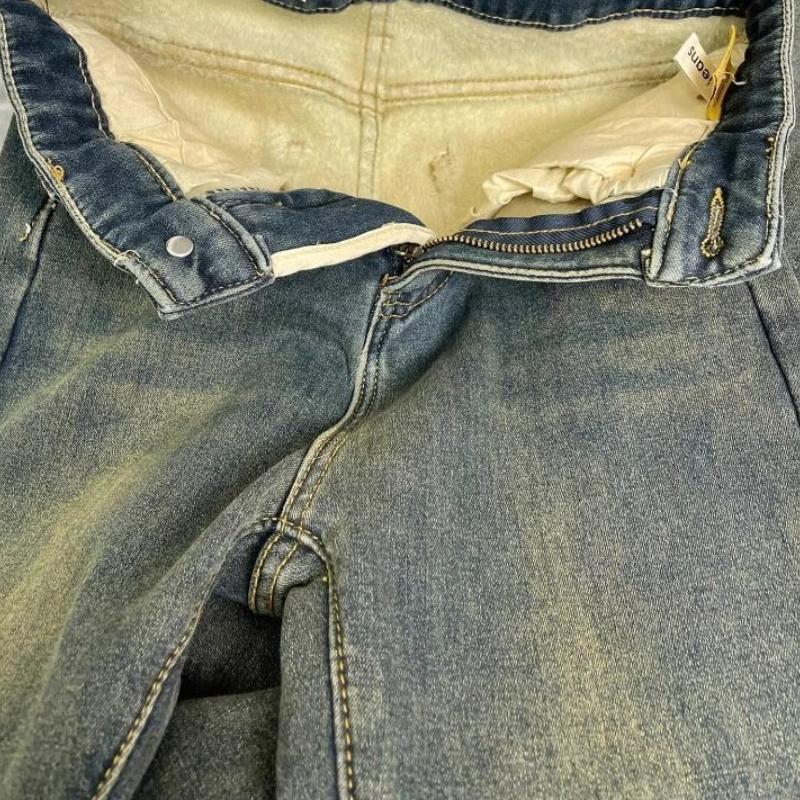 內刷毛加厚牛仔褲 復古藍 高腰直筒×微喇 靴型褲口 冬季保暖 顯瘦修飾