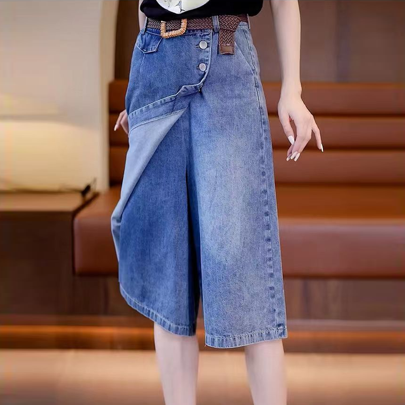 簡約·素面韓版高腰Ａ字中長款牛仔半身裙(不含腰帶)