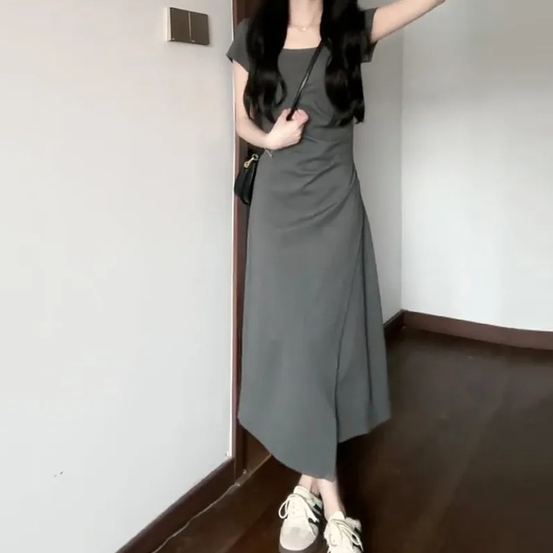 法式氣質收腰短袖連身裙 小眾設計圓領短裙