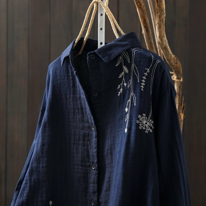 多層次外罩襯衫 微光澤棉麻刺繡上衣 熟齡顯瘦藏肉神器 獨家版型 抗皺透氣閨蜜親子裝穿搭