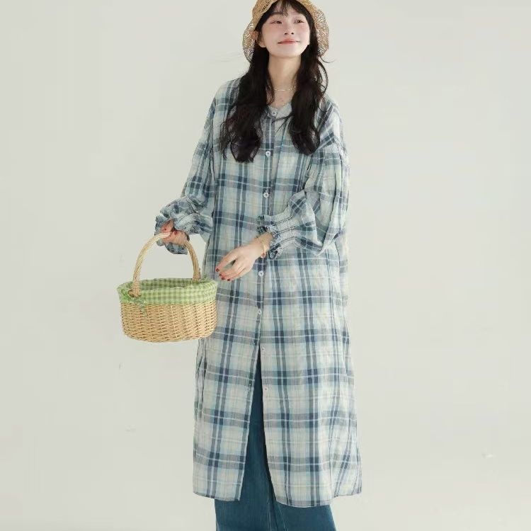 格紋圓領襯衫洋裝 收腰顯瘦 氣質長版內搭