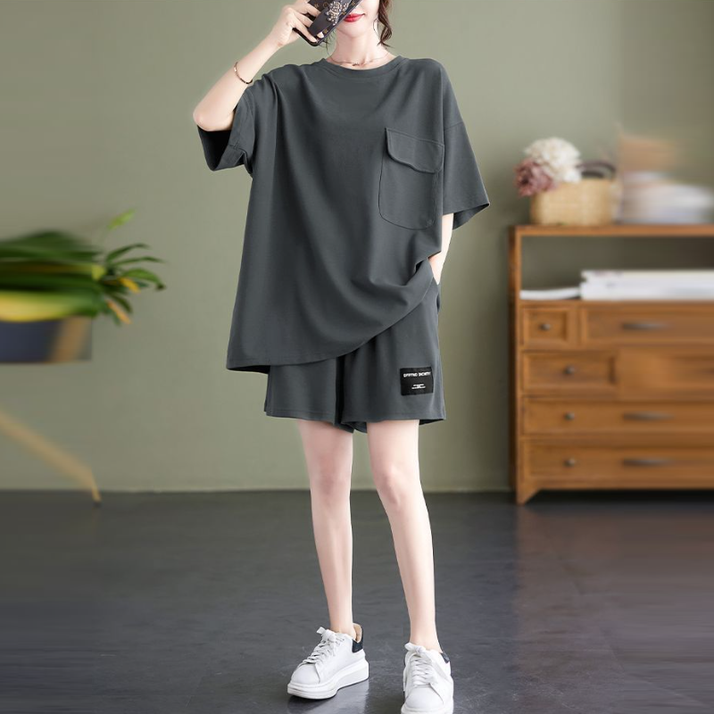 大尺碼素色短袖短褲兩件套 寬鬆顯瘦休閒家居套裝