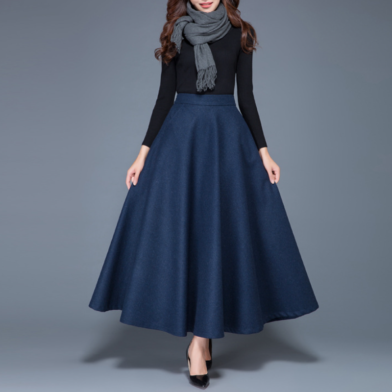 百搭毛呢中長款大擺裙氣質通勤半身裙（有口袋）