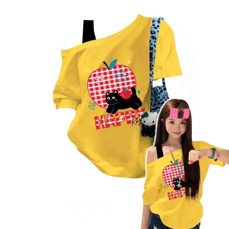 美式蘋果印花斜肩假兩件短袖T恤 寬鬆休閒百搭款