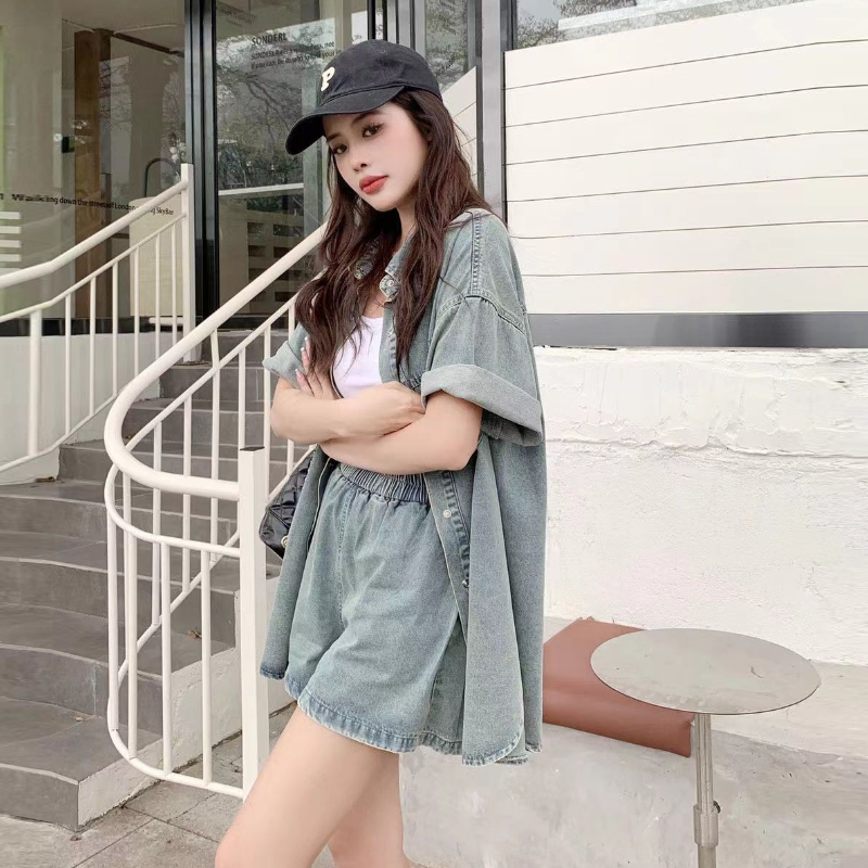 水洗彈力牛仔套裝 復古風可拆式牛仔兩件套 休閒短袖襯衫+寬鬆短褲