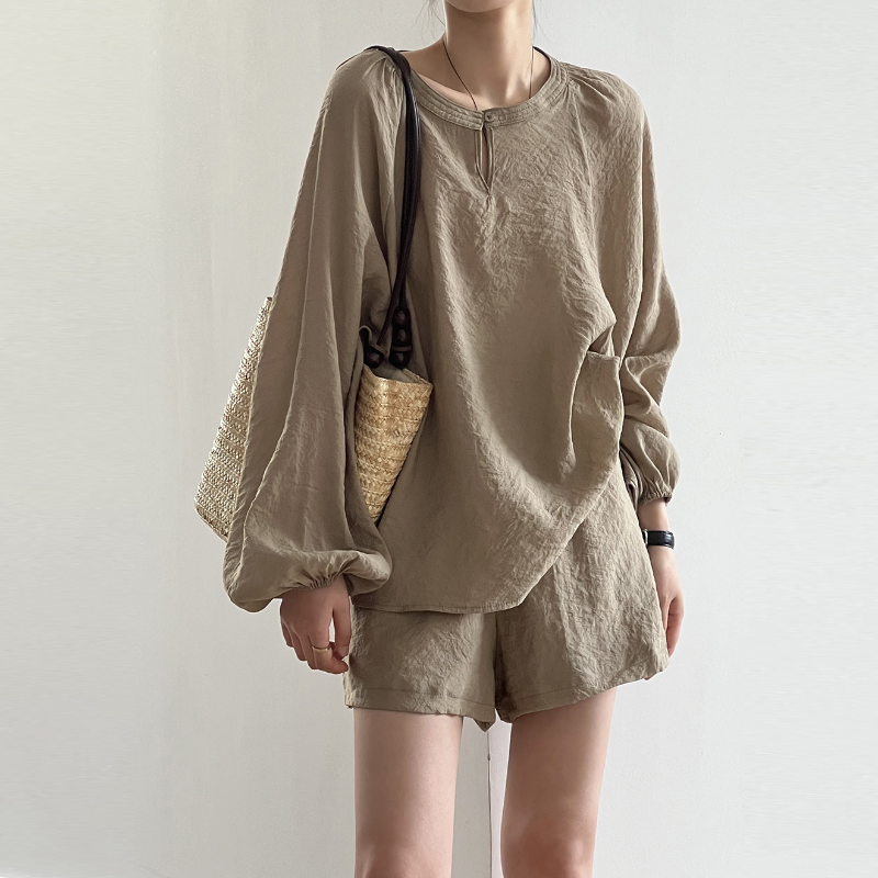 名媛風兩件套 寬鬆褶皺棉麻圓領防曬上衣＋寬褲短褲套裝