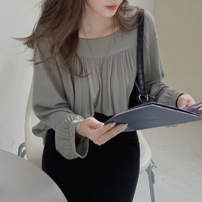 素面長袖雪紡襯衫 春夏法式方領設計感 氣質百搭上衣