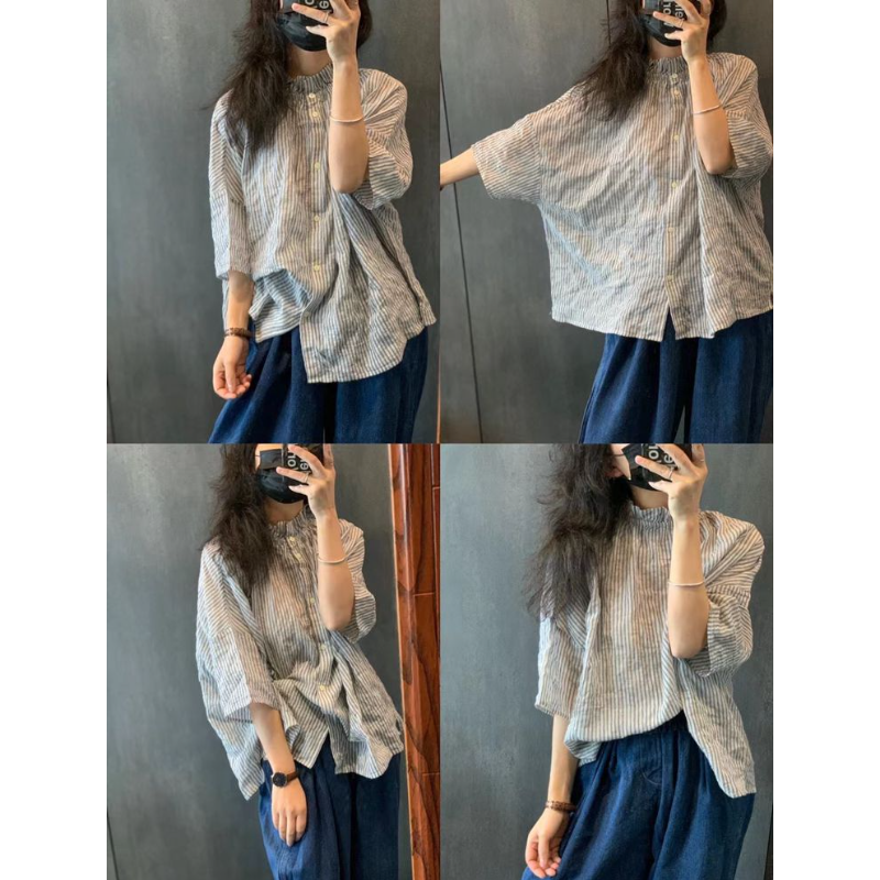 文青款​棉麻襯衫 雙面神級穿法 荷葉領文藝復古五分袖休閒上衣