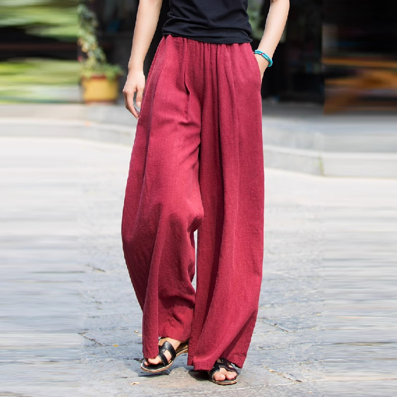 棉麻寬褲休閒顯瘦 高腰素色透氣親膚休閒褲*9色/M-3XL