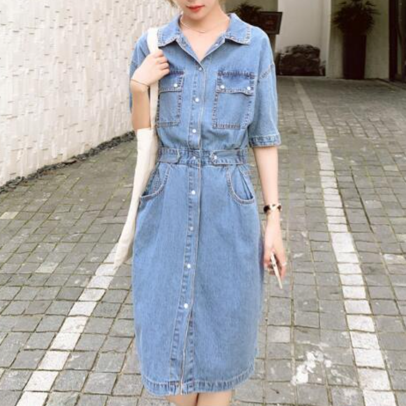 甜美日系收腰牛仔連身裙 顯瘦氣質中長A字裙