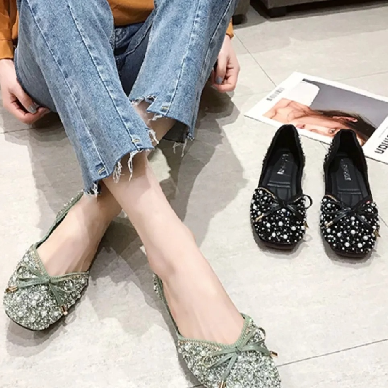 3色 35-43/ 韓版蝴蝶結淺口單鞋 珍珠水鑽平底鞋