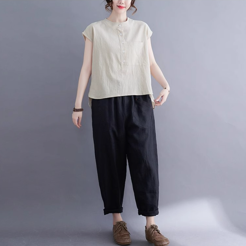 夏季棉麻無袖上衣｜文青風立領素色寬版襯衫 大尺碼百搭款