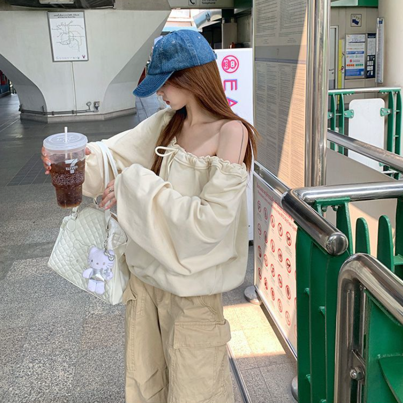 韓系綁帶斜肩寬鬆大學T 慵懶感套頭長袖上衣