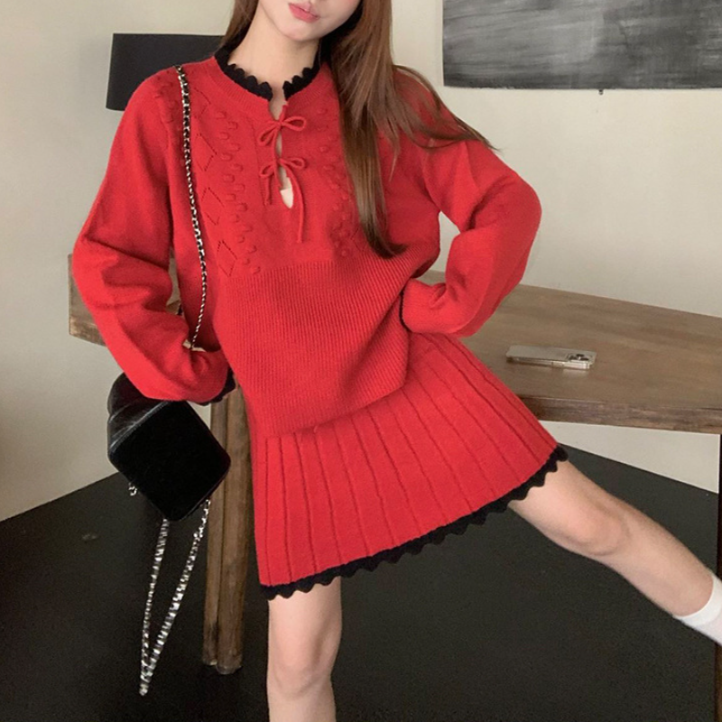 溫柔系針織套裝 蝴蝶結織紋上衣＋百褶裙 兩件式 顯瘦減齡