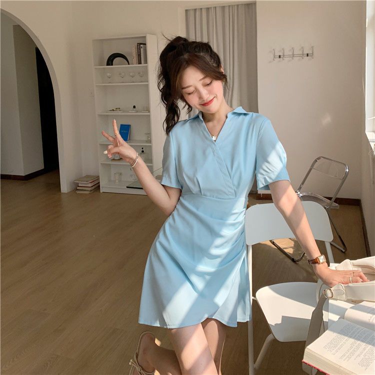 毆膩同款 韓國自訂 夏季設計感不規則褶皺開叉顯瘦襯衫洋裝