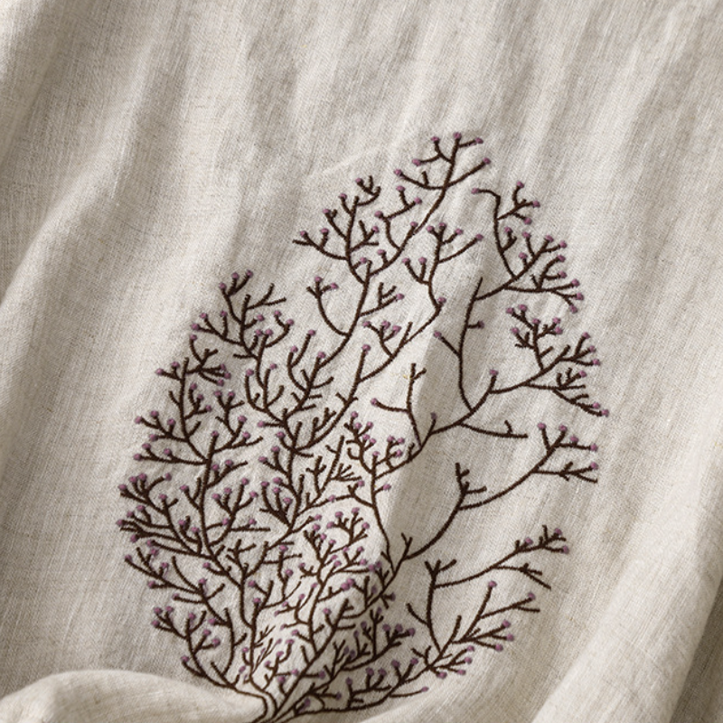 簡約·文藝寬鬆刺繡花棉麻抽繩上衣 短袖T恤