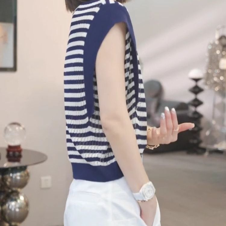 夏季冰涼針織鏤空上衣 條紋圓領小飛袖T恤 寬鬆百搭款