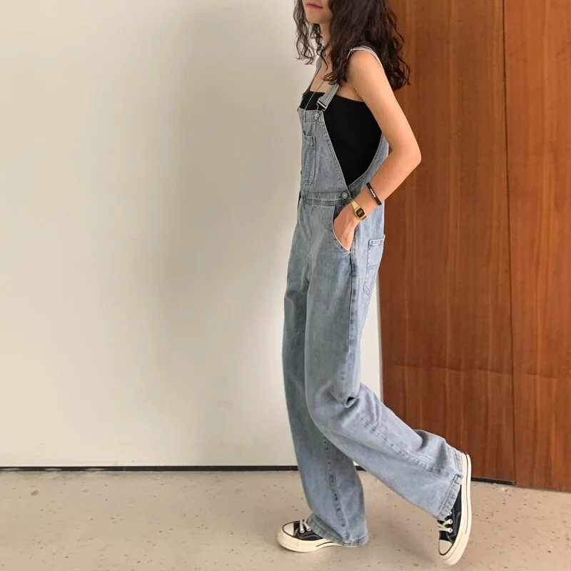 韓妞抗UV涼感牛仔吊帶褲 高腰寬褲顯腿長 夏季冷氣房工裝風背帶裙 小隻女顯高
