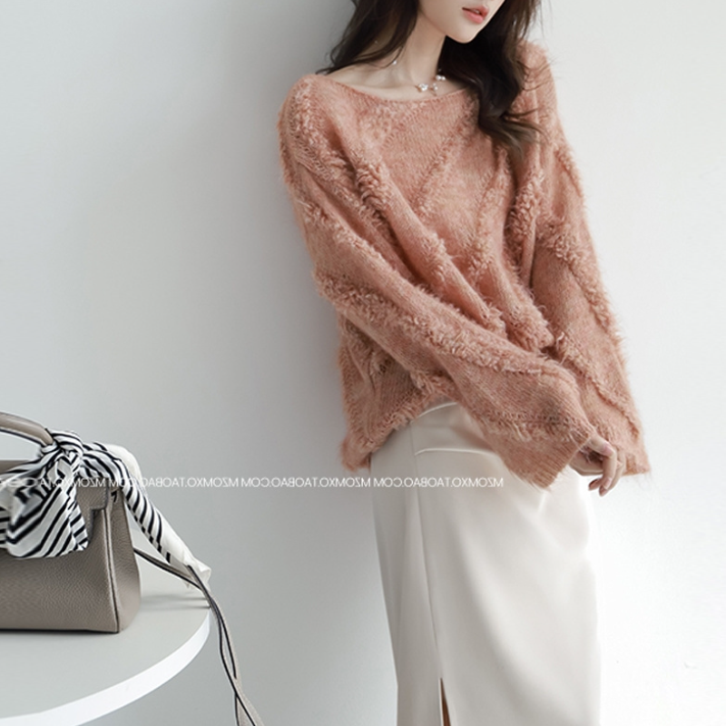 法式慵懶一字領馬海毛毛衣 秋冬外穿寬鬆針織上衣 柔軟蓬鬆