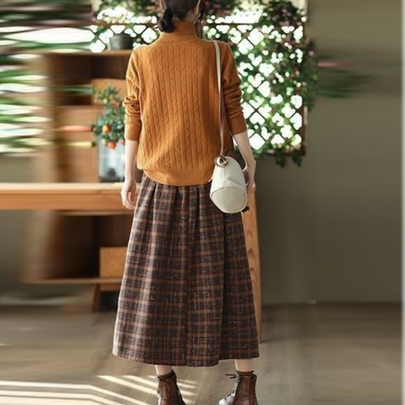 復古顯瘦格紋毛料中長裙 秋冬遮肉半身裙