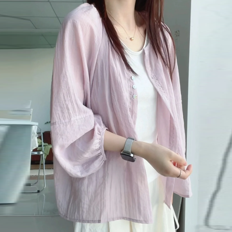 韓系雪紡開襟罩衫 輕薄防曬 寬鬆疊穿 圓領排釦 蓬袖