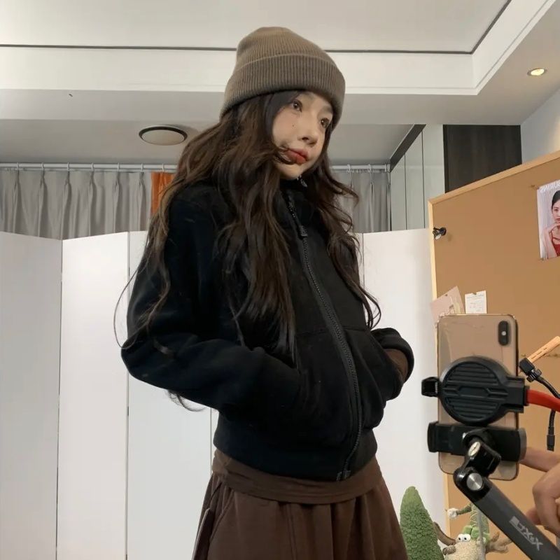 雙面絨連帽開襯外套 加絨加厚保暖 時尚百搭冬季外套