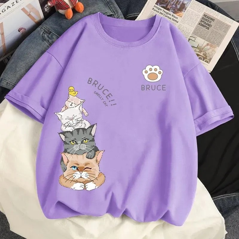 純棉萌貓印花短袖上衣-夏季寬鬆好搭 輕鬆休閒風