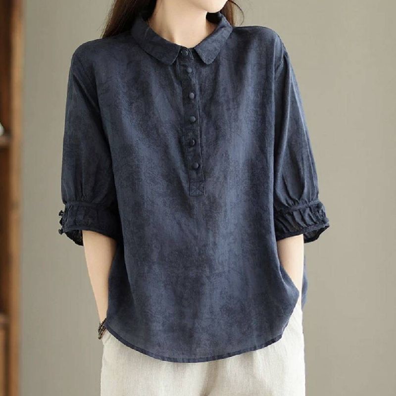 精緻提花翻領棉麻襯衫 復古五分袖顯瘦遮肉薄款上衣