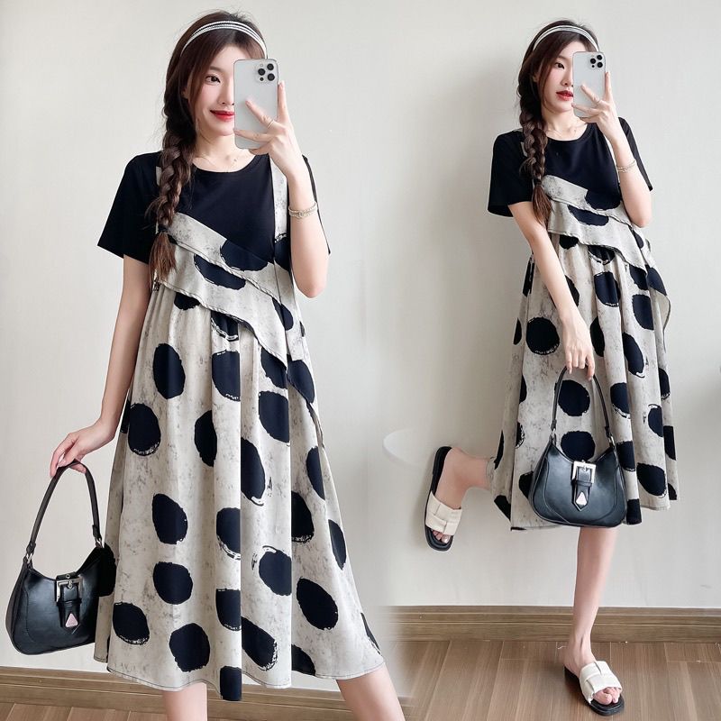 波點拼接假兩件短袖洋裝 寬鬆造型款