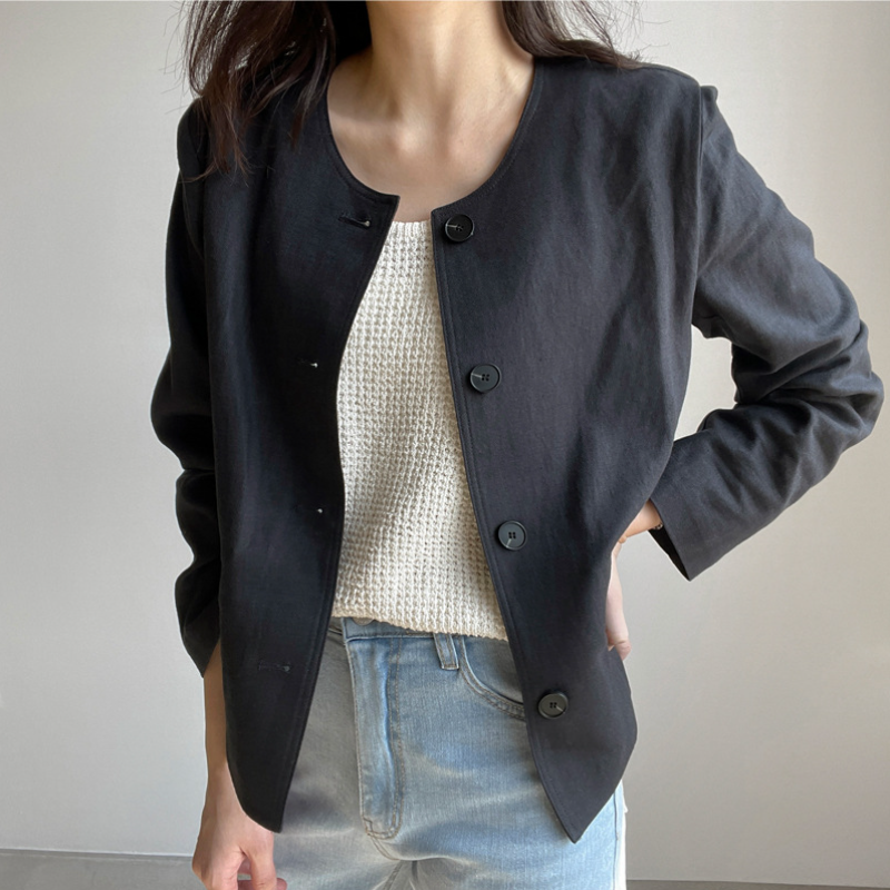 韓系棉麻薄外套 長袖開襟 圓領小西裝版