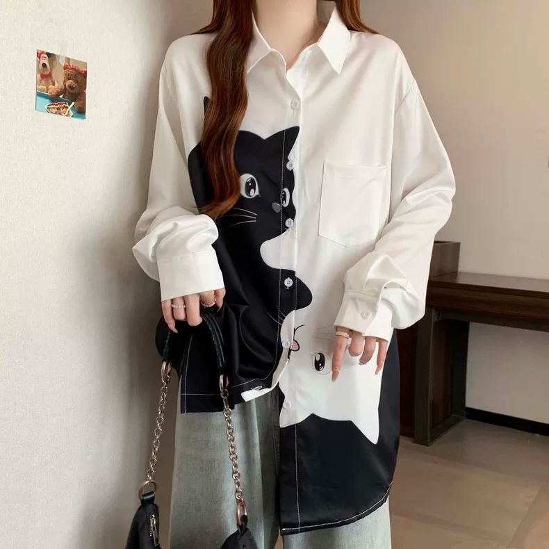 大尺碼貓咪印花襯衫 長袖寬鬆版 顯瘦遮肉（黑/白）
